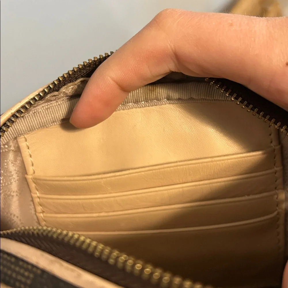 Michael Kors Brown Logo Crossbody with Gold Chain and Beige Trim
